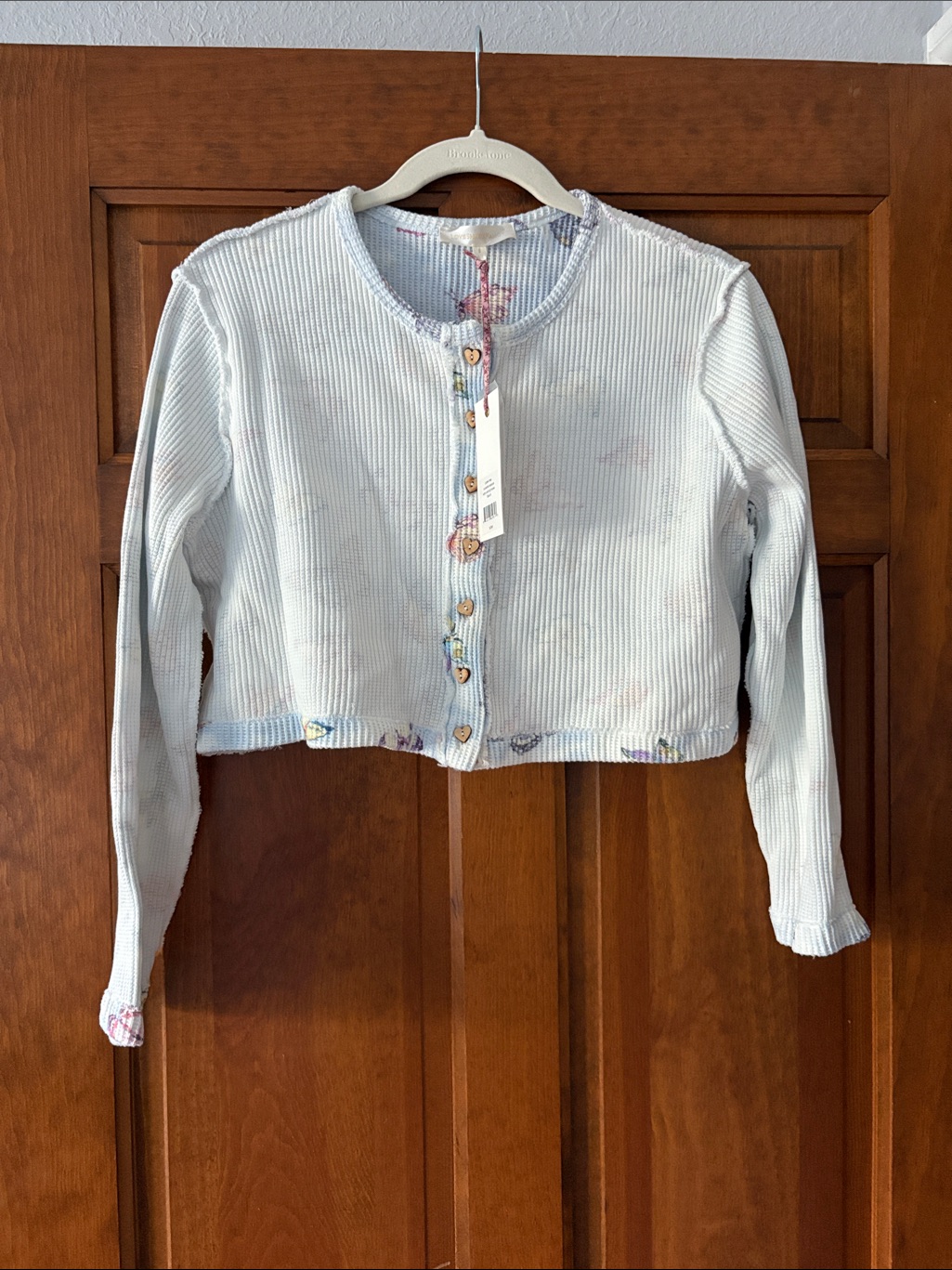 Love Shack Fancy Light Blue Ribbed Button-Up Cardigan Jacket